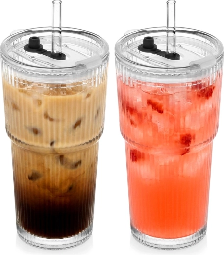 Üvegből készült tumbler poharak tetővel és szívószállal, 500 ml, 2 darabos szett