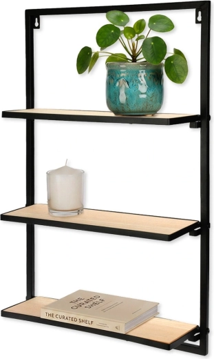Fali fém polc fekete, 3 szintes, 40 × 12 × 65 cm