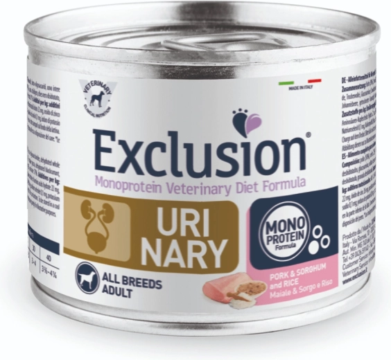 Exclusion UM20 Urinary kutyakonzerv 200 g, sertés cirokkal és rizzsel