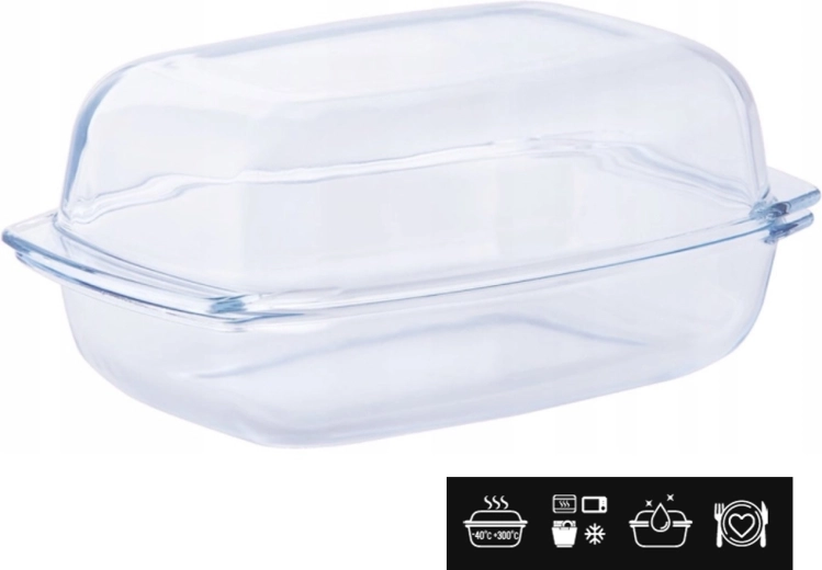 Téglalap alakú hőálló üvegtál fedővel, 5 l