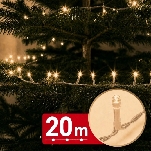 20 m-es, 400 LED-es, meleg fehér LED-fényfüzér időzítővel