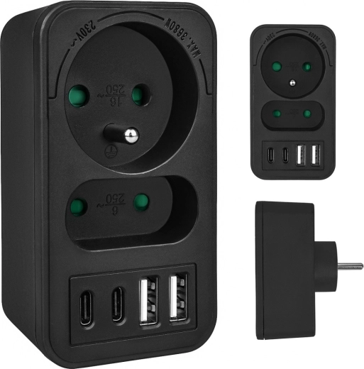 Konnektoros elosztó 1 schuko, 1 euro és 4× USB (2× USB‑A 18 W, 2× USB‑C PD 20 W)