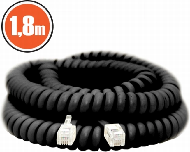 Spirálos telefonkábel 4P4C, 1,8 m, fekete