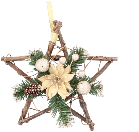 Fából készült függeszthető csillag, 25 cm, arany színben, kőrisfából