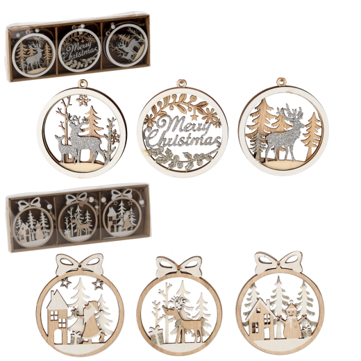Fa karácsonyi díszek szett – 6 darab