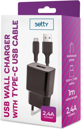 Setty hálózati töltő 1× USB 2,4 A fekete + USB‑C kábel 1 m