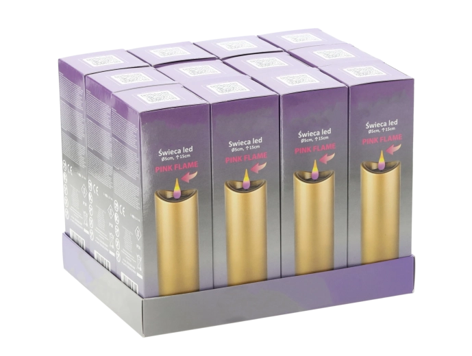 LED gyertya 5 × 15 cm arany, rózsaszín lánggal, elemmel a csomagban