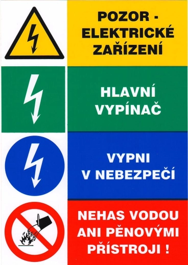 Biztonsági matrica – vigyázat elektromos berendezés, főkapcsoló, veszély esetén kapcsold ki, vízzel vagy habbal oltani tilos 148 × 210 mm