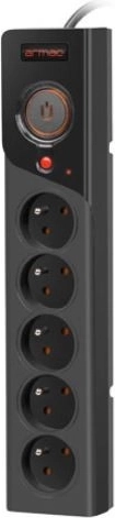 Túlfeszültség-védett hosszabbítós elosztó ARMAC Z5, 5 aljzat, 5 m kábel, 10 A, fekete