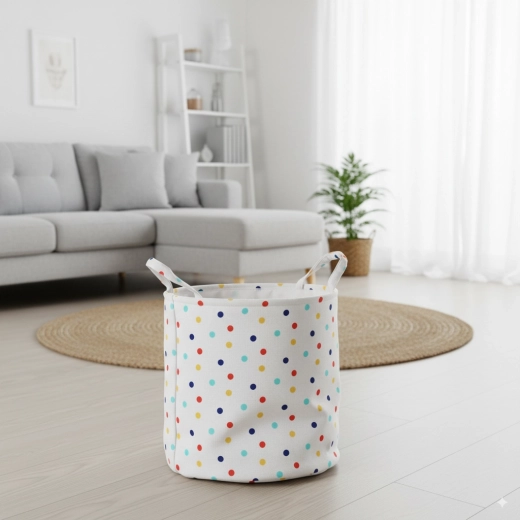 Textil kerek szennyes- és játéktartó pöttyökkel 25 × 30 cm