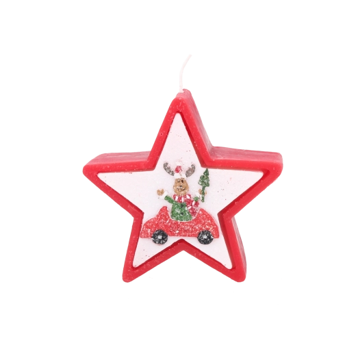 Karácsonyi csillag alakú gyertya rénszarvassal autóban