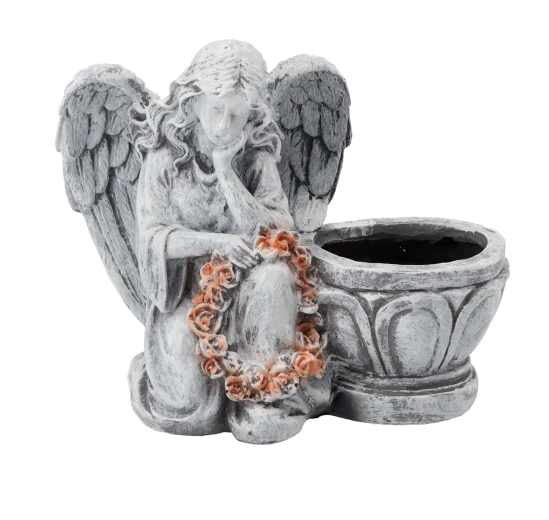 Térdelő angyalt ábrázoló szobor virágtartóval, szürke, 23,5 × 12,5 × 20 cm