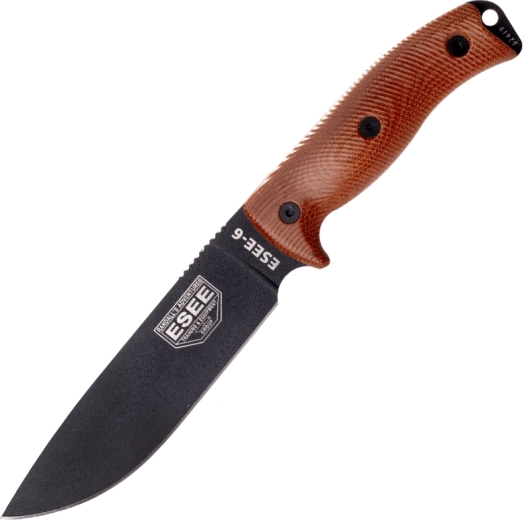 ESEE Model 6 túlélőkés fekete pengével és barna Micarta markolattal