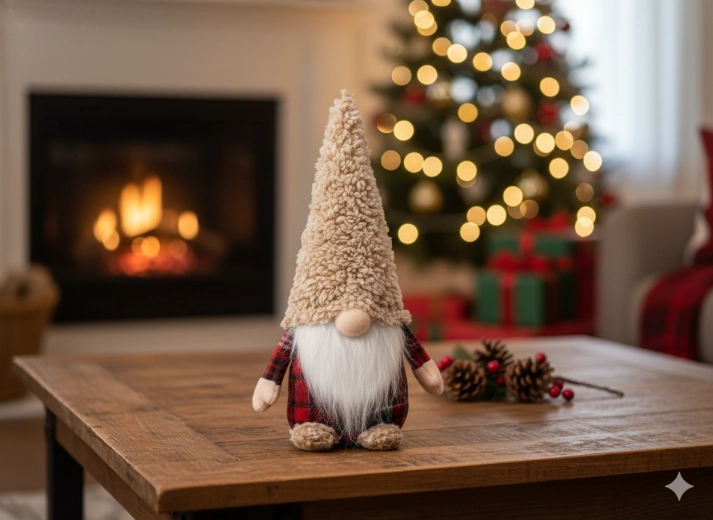 Karácsonyi manó 30 cm bézs–piros színben