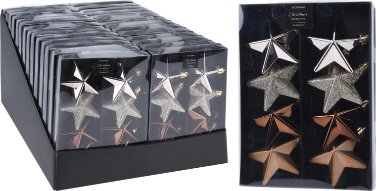 Karácsonyi csillag díszek 6,5 cm – barna, arany és ezüst mix (8 db)