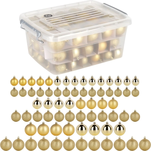 Törhetetlen arany karácsonyi gömbök dobozban 4 / 5 / 6 cm, 70 db