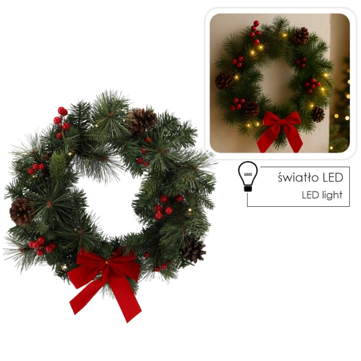 Karácsonyi koszorú LED világítással 40 cm – piros