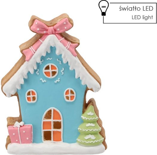 Karácsonyi figura – kék mézeskalácsház LED világítással