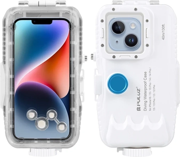Vízálló PULUZ búvártok iPhone-hoz 40 m-ig, egyirányú szeleppel, fehér