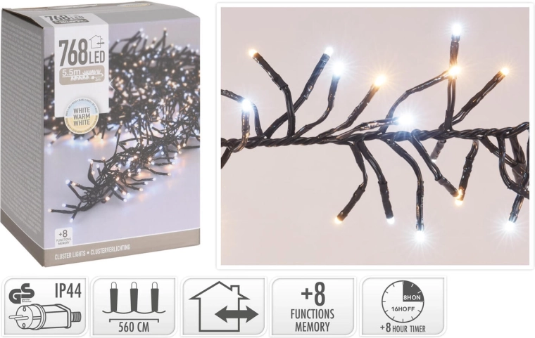 Karácsonyi LED fényfüzér 5,6 m, 768 LED, meleg fehér, 8 funkció, IP44, időzítővel - 1 db