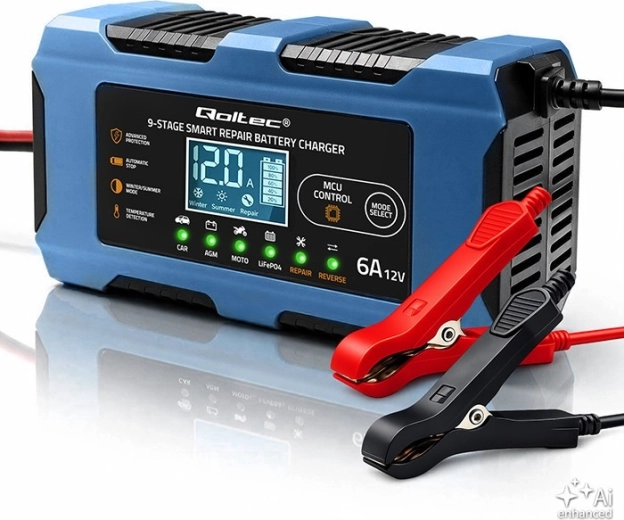 Qoltec intelligens autóakkumulátor-töltő 12 V 6 A javítási funkcióval AGM, GEL és LiFePO4 akkukhoz – 1 db