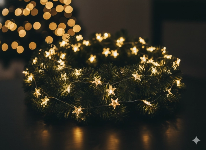 LED fényfüzér csillagokkal, 20 fény, elemes, arany díszítéssel