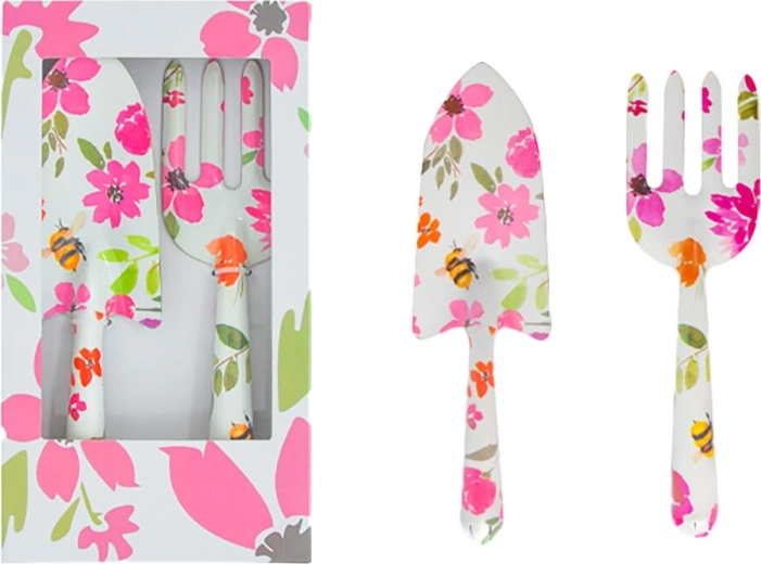 Kerti kéziszerszám-készlet, 2 részes, virágmintával, vas