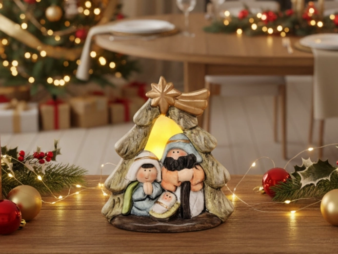 Karácsonyi betlehemes fa alakú dekoráció meleg LED világítással, 11,5 cm