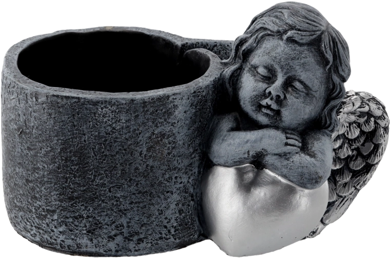 Cement temetői virágtartó angyalkával, sötétszürke–ezüst, 24,5 × 14 × 15 cm