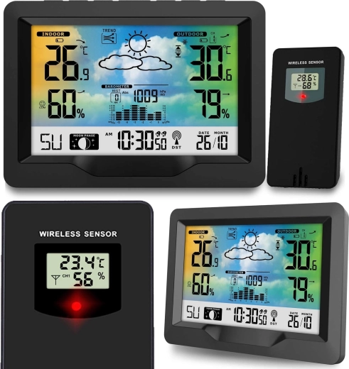 Vezeték nélküli meteorológiai állomás színes kijelzővel és DCF szinkronizációval, fekete