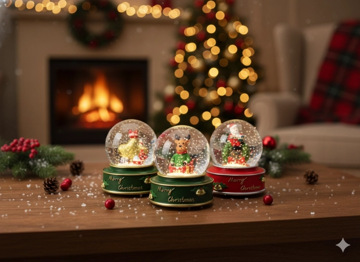 Karácsonyi hógömb Mikulással, csillaggal és rénszarvassal 7,8 × 7,8 × 8,5 cm