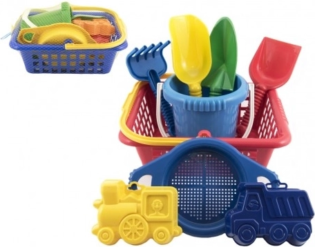 Gyerek homokozó szett kosárral, vödörrel és homokformákkal
