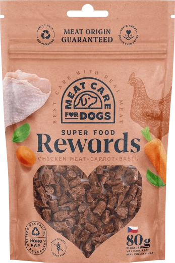 Meat Care Rewards Dog jutalomfalat kutyáknak – csirke répával és bazsalikommal 80 g