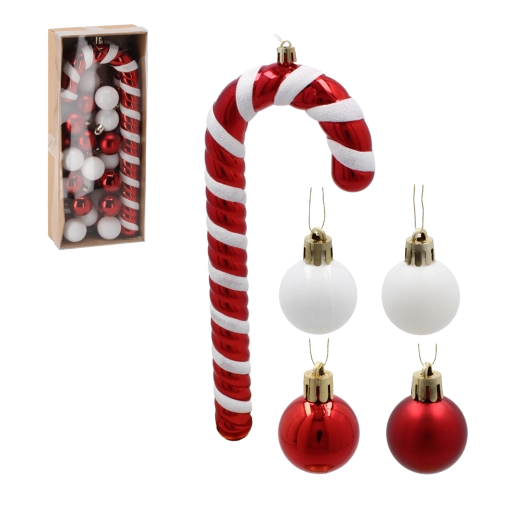 32 darabos karácsonyi dísz szett – 25 cm-es cukorpálca és 3 cm-es gömbök, törhetetlen