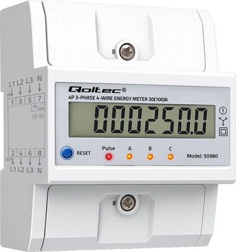 Háromfázisú DIN-sínre szerelhető villanyóra LCD-vel és resettel, 400 V, 100 A, 4-vezetékes