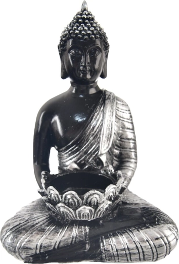 Kerámia Buddha mécsestartó teamécseshez, ezüst-fekete