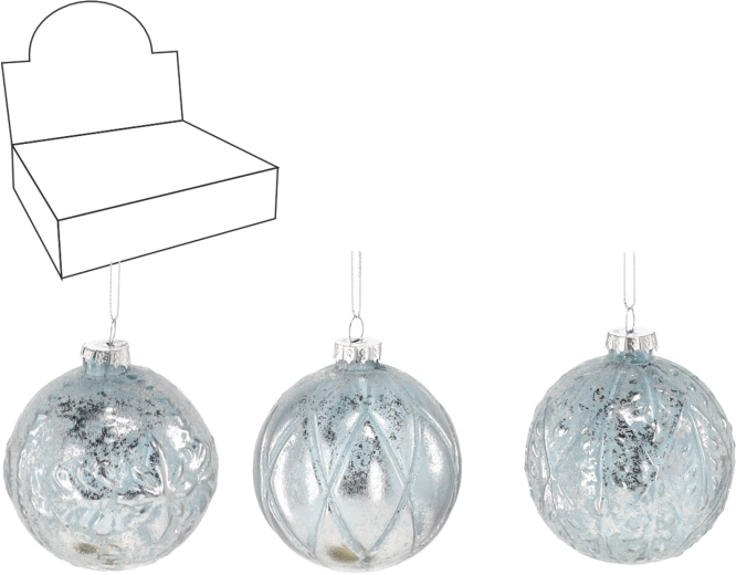 Üveg karácsonyi gömbök 8 cm, kék–ezüst, 12 darabos készlet