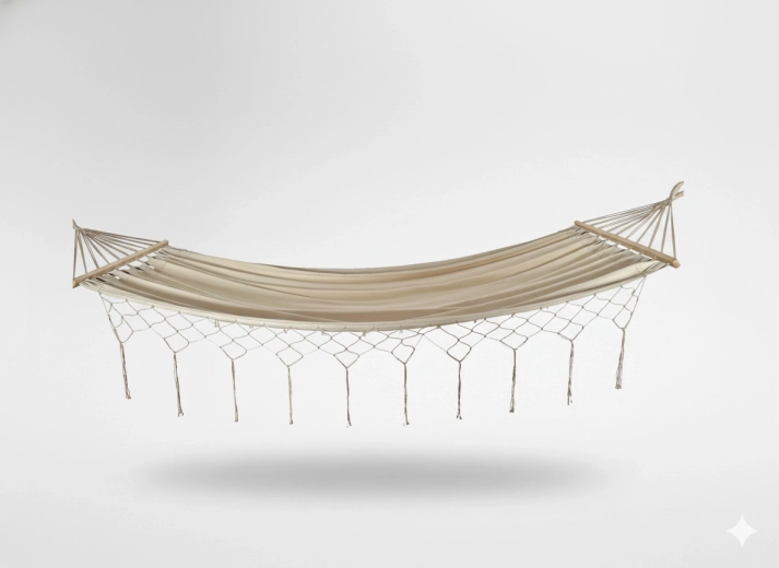 Boho stílusú, bojtokkal díszített függőágy 200 × 100 cm, bézs