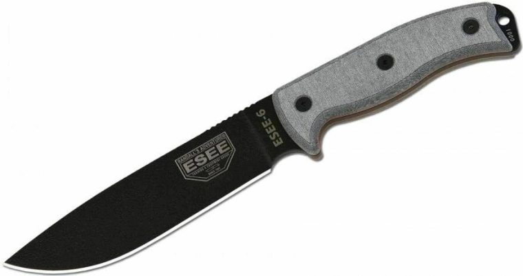 Univerzális ESEE 6P kés sima éllel, fekete/szürke, Micarta, tok