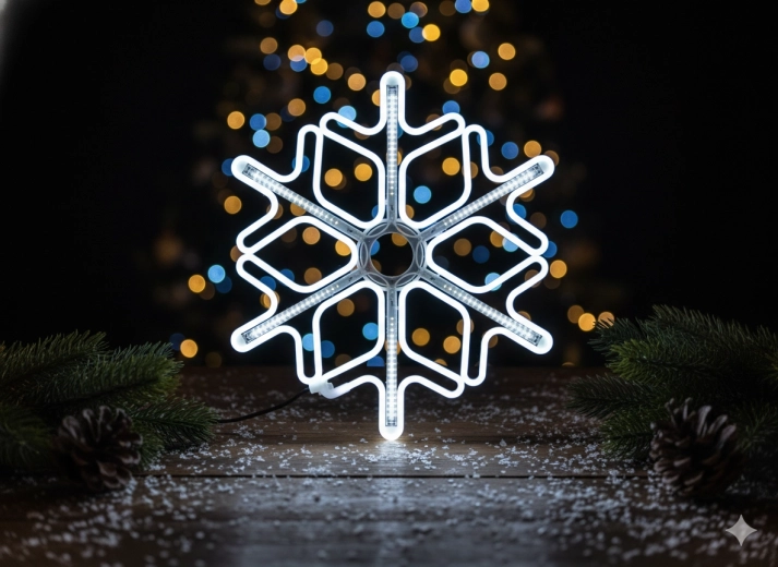 Neonos LED hópehely 60 cm – hideg fehér villanó effekttel, beltéri és kültéri