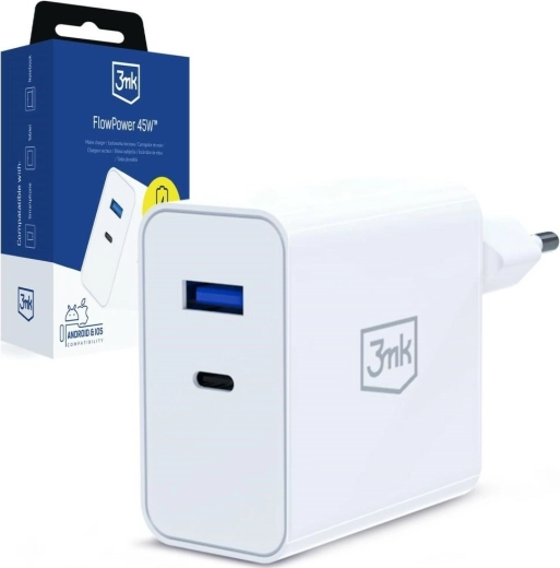 3MK FlowPower 45 W PD 3.0 QC4+ USB-A/USB-C hálózati töltő, fehér