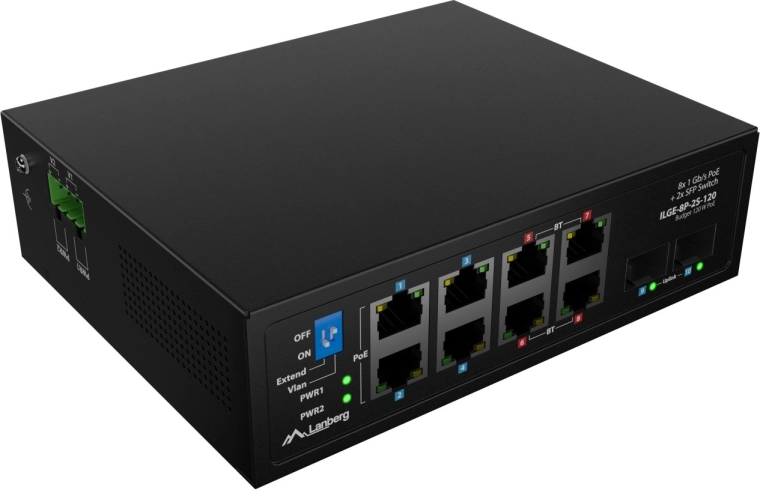 Lanberg ILGE-8P-2S-120 ipari PoE++ gigabites DIN-sínes switch