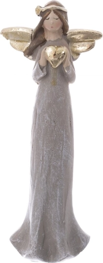 Polirezin angyalfigura szívvel, szürke/arany, 15 cm