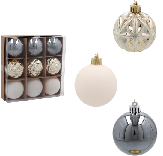 6 cm-es karácsonyi gömbszett pezsgő-, szürke- és fehér árnyalatokban – 9 db