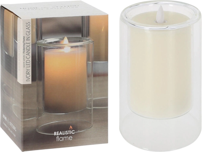 LED gyertya üvegben, Ivory, 10 × 15 cm, pislákoló lánggal