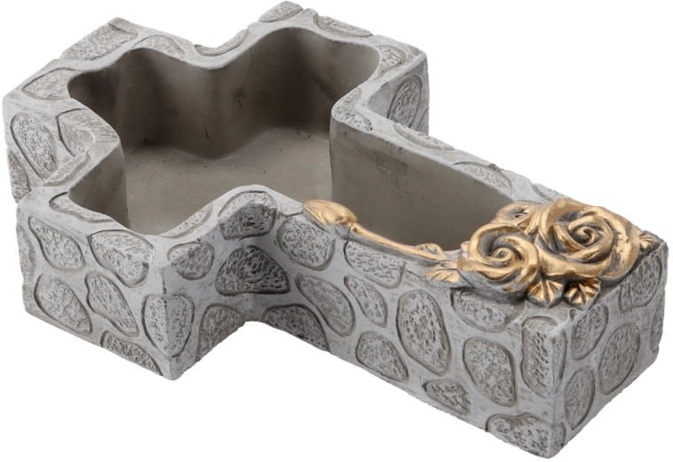Cement temetői tál kereszt alakban, szürke arany részletekkel 28 × 18 × 7,5 cm