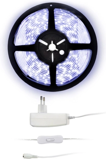 Solight LED fénycsík adapterrel és kapcsolóval, 5 m, IP65, hideg fehér