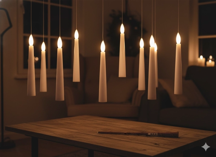 10 darab függő LED gyertya varázspálcával, 1,5 × 15,5 cm