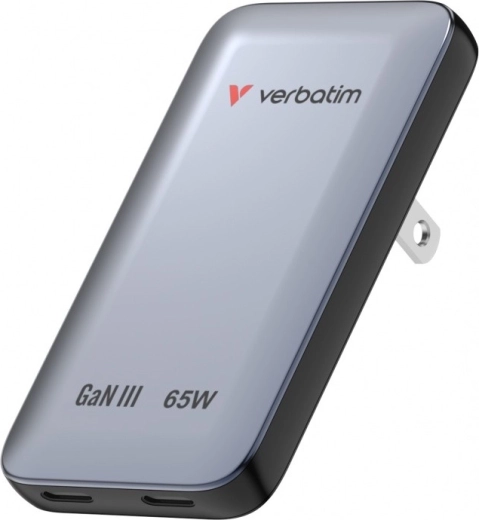 Verbatim Essentials Slim GaN hálózati töltő 65 W, 2× USB-C-vel (US/UK/EU) szürke