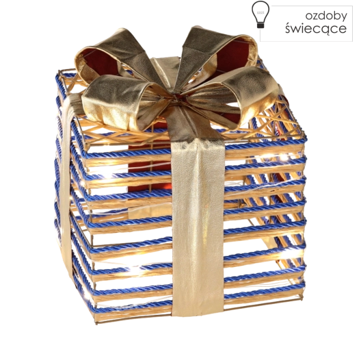 Karácsonyi dekoráció ajándékdoboz kék masnival, 25 cm, LED világítással